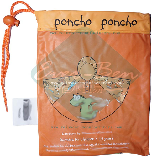 Hooded orange PVC totes rain poncho drawing string packed pouch